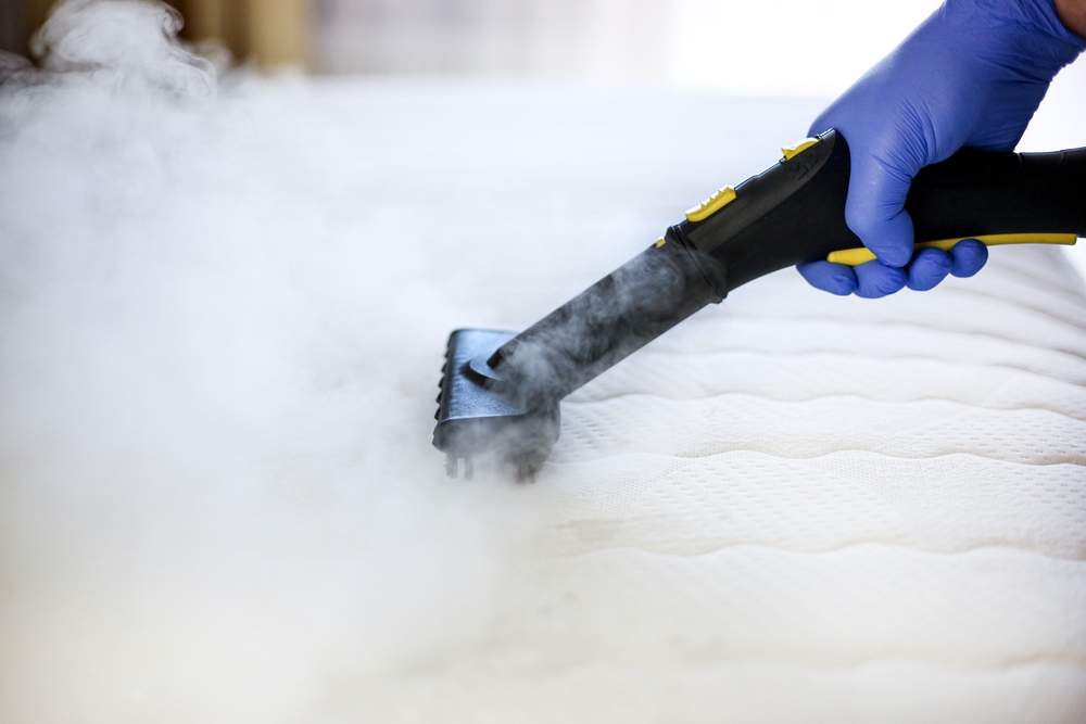 Professional applying heat treatment to a mattress to instantly kill bed bugs, using a specialized heat tool that emits intense heat.