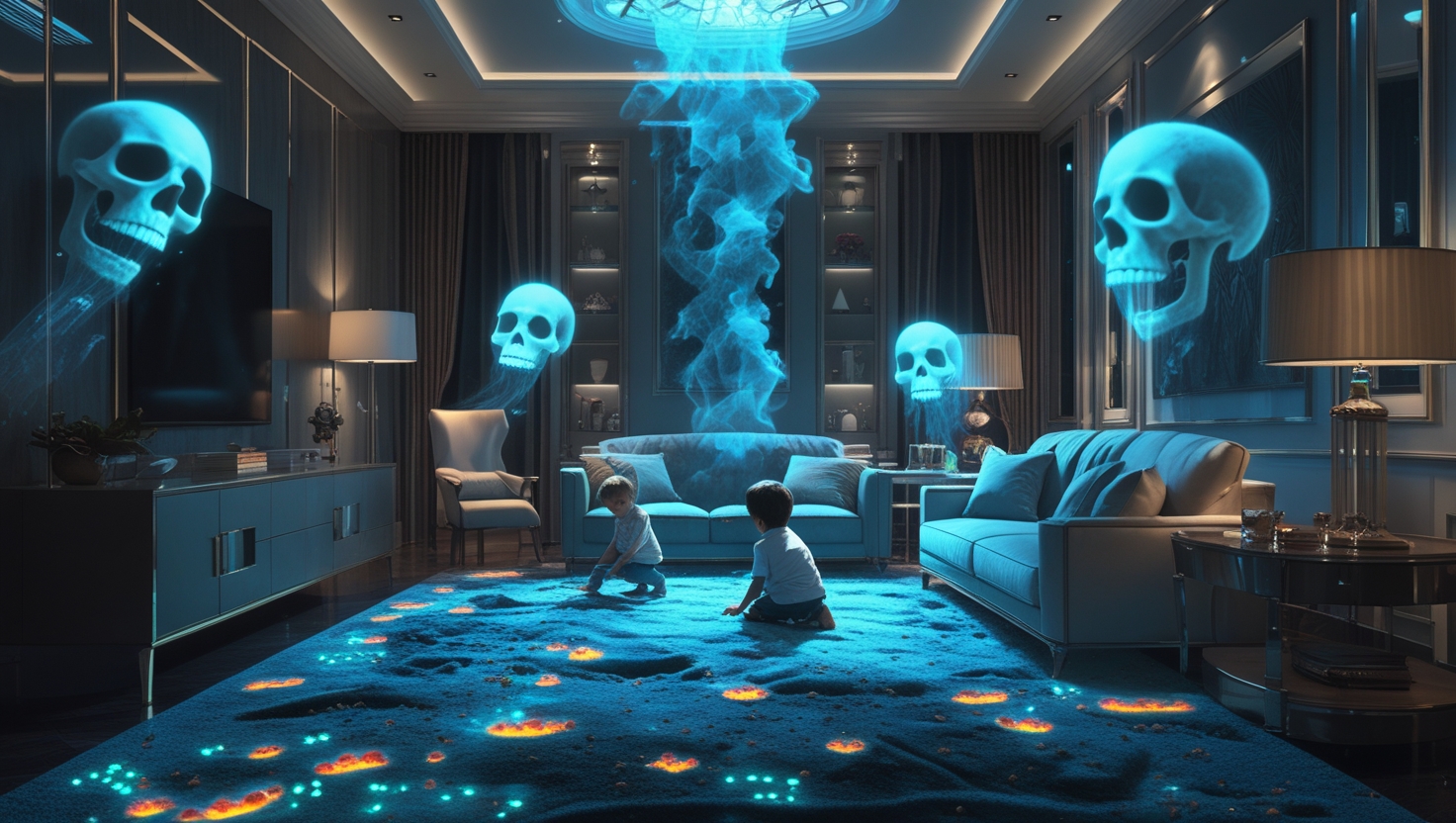 Indoor air pollution visualized with floating skulls in a Dubai living room, symbolizing health risks.
