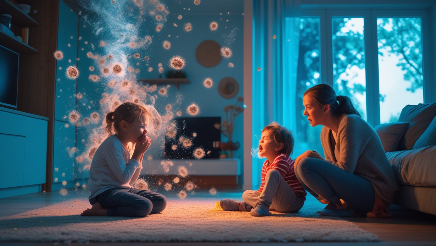 Children exposed to indoor air pollution in Dubai, showing harmful particles in the air.