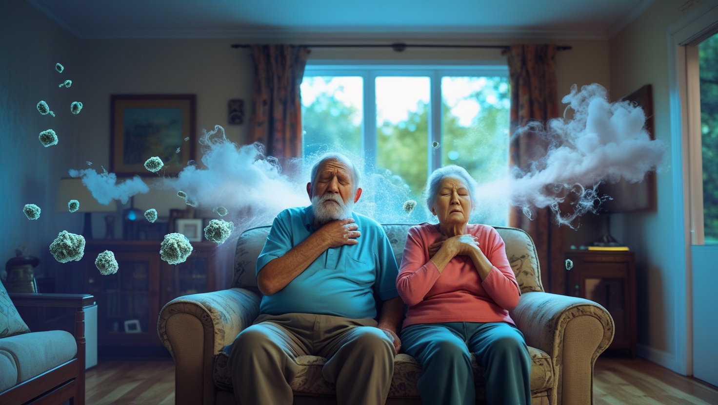 Elderly couple suffering from indoor air pollution in Dubai living room.