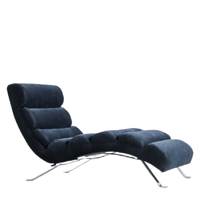 A minimalist dark blue chaise lounge chair with plush cushions and a sleek metal base, set against a clean white background.