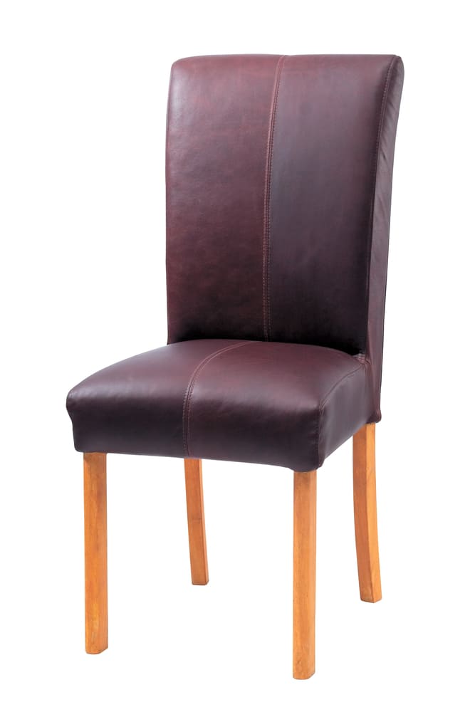 A comfortable dining chair with a rich burgundy leather seat and backrest, featuring light wooden legs that complement its classic design.