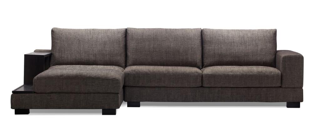 A modern dark brown fabric L-shaped 3-seater sofa with a sleek design, featuring a small side table built into the armrest on one side.