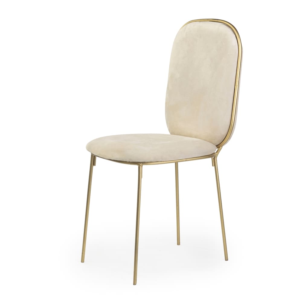 A stylish dining chair with a light beige velvet seat and backrest, supported by sleek gold metal legs with a modern design.