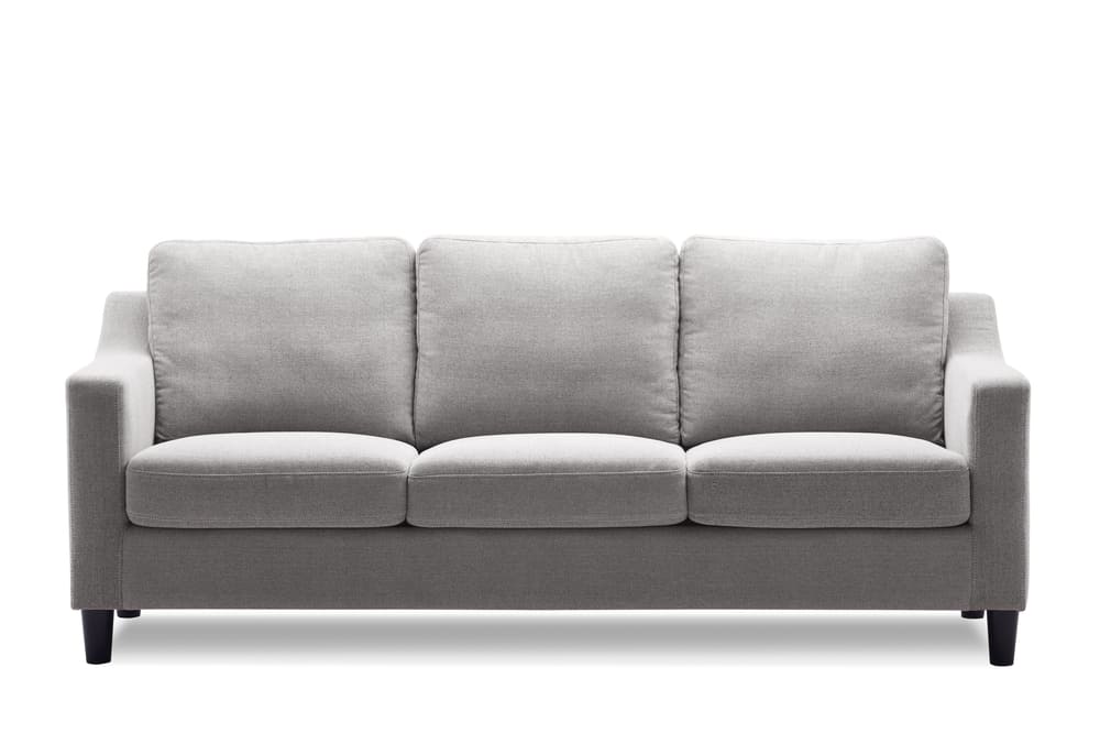 A simple, modern 3-seater sofa with grey fabric cushions and black wooden legs, designed with clean lines and a minimalist aesthetic.