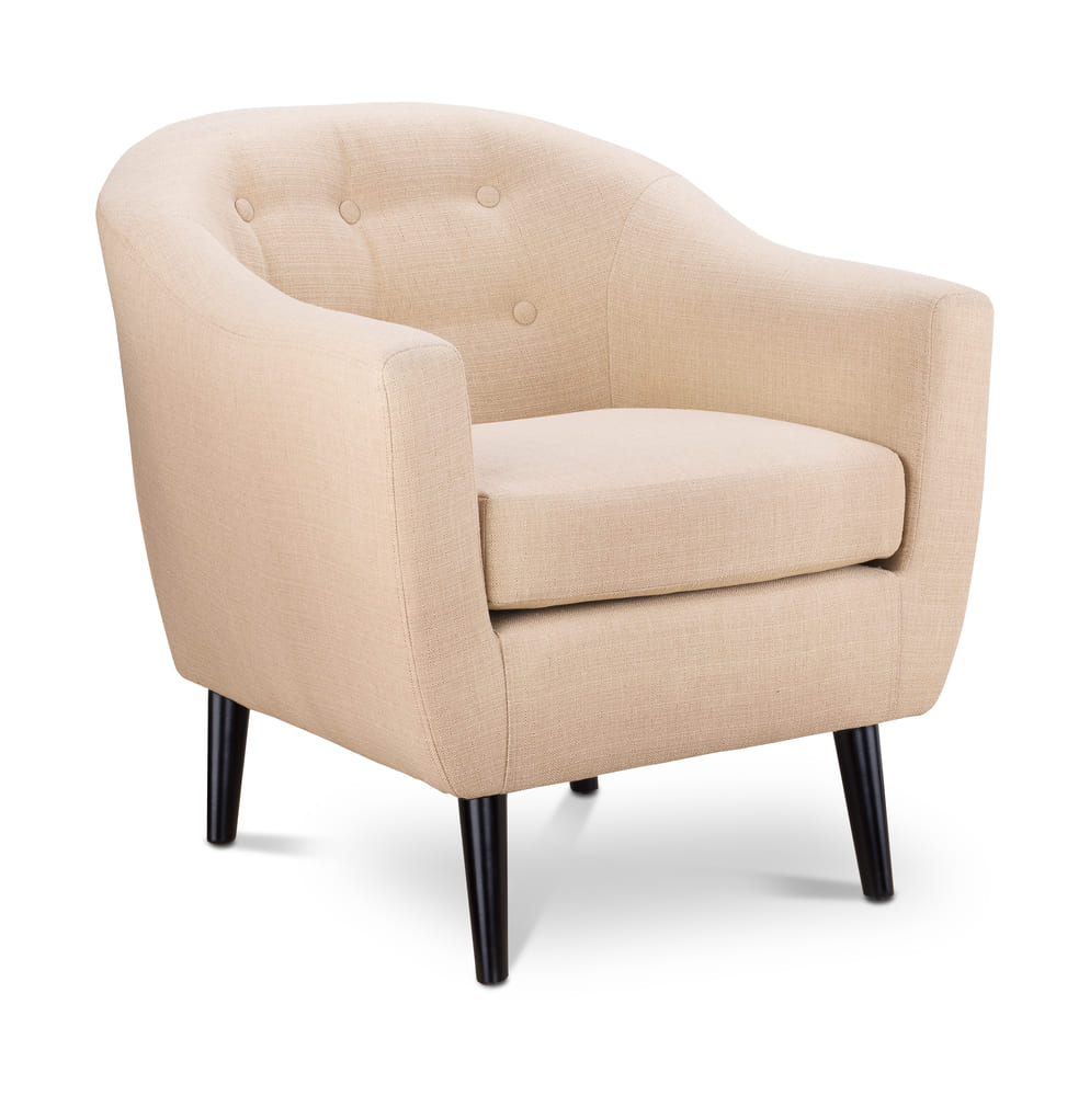 A modern accent chair with a light beige fabric features a curved backrest with button details and is supported by sleek black wooden legs.