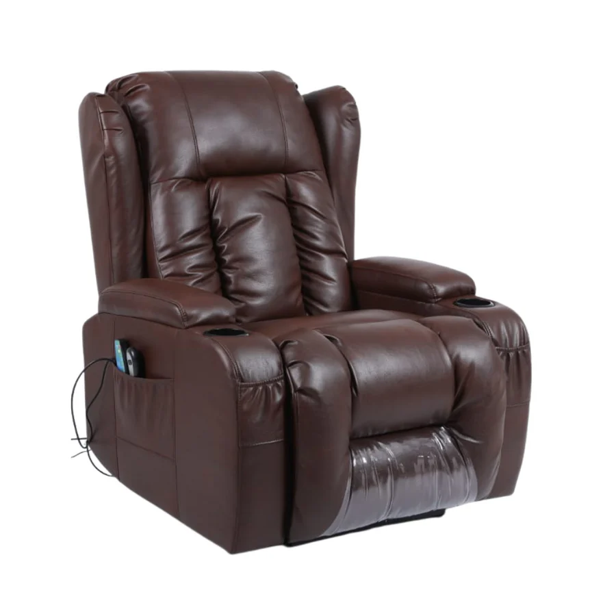 Luxurious brown leather recliner chair with padded armrests and built-in cup holders, ideal for deep cleaning and conditioning by Klean Kare's expert sofa cleaning service.